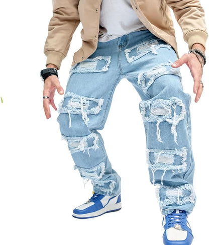 WEIBUMAOYI Men's Loose Fit Pants Relaxed-Fit Men Jeans Washed Oversize Straight Leg Carpenter Jean