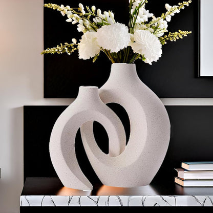 White Ceramic Vases, Set of 2, Round Hollow, Modern Flower Vase for Home Decor, Boho Style, Minimalist Decor for Living Room, Dining Room, Entryway Table (Black)