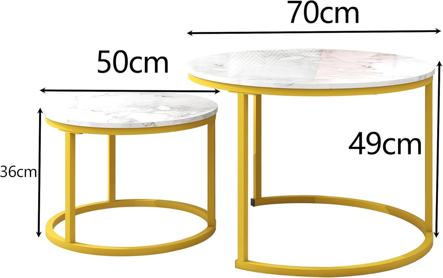 ARFARLY Round Coffee Table Set of 2 End Tables for Living Room, Nesting Coffee Table Wooden Accent Furniture with Golden Metal Frame,Stacking Side Tables