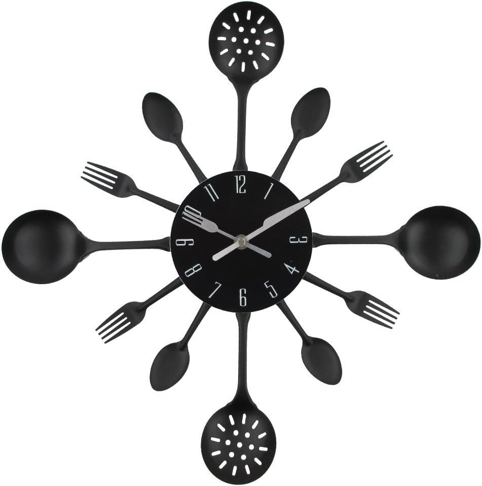 Timelike Wall Clock, 16" Metal Kitchen Cutlery Utensil Spoon Fork Wall Clock Creative Modern Home Decor Antique Style Wall Watch (Black)