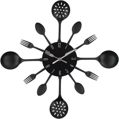 Timelike Wall Clock, 16" Metal Kitchen Cutlery Utensil Spoon Fork Wall Clock Creative Modern Home Decor Antique Style Wall Watch (Black)