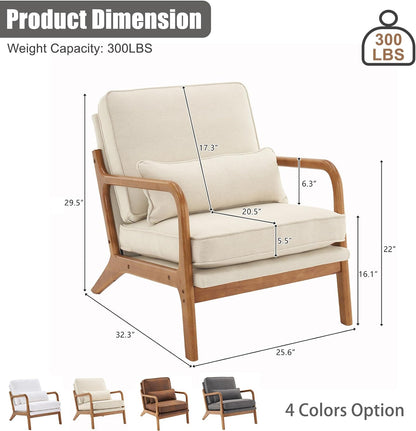 Anewome Mid Century Modern Accent Chair with Wood Frame Upholstered Lounge Linen Fabric Armchair Comfy Reading Leisure Chair with Cushion for Living Room Bedroom Balcony, Beige