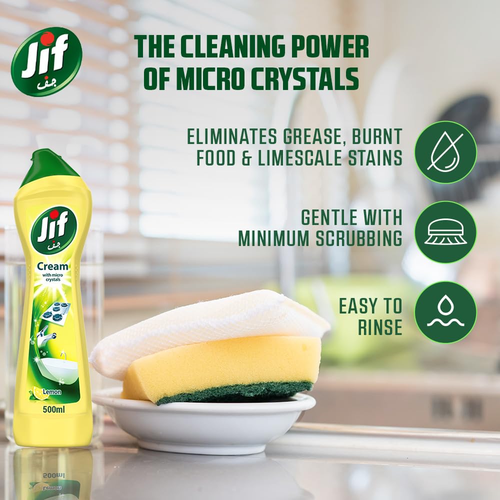 JIF Cream Cleaner, with micro crystals technology, Lemon, eliminates grease, burnt food & limescale stains, 4 x 500ml