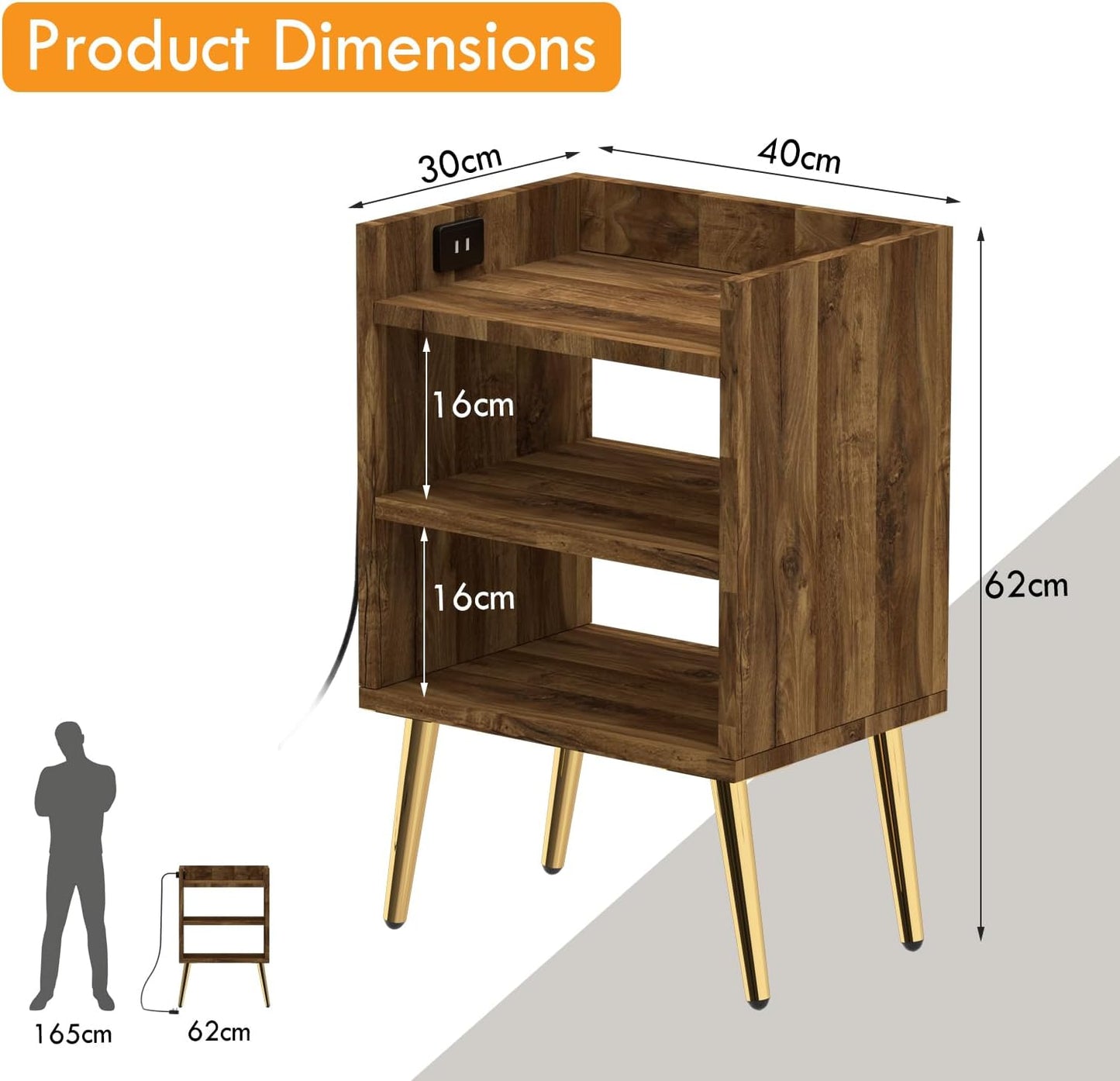 Mahmayi Modern Night Stand Table, Side Table With 3 Open Storage Shelves, Side Table For Living Room, Bedroom - Black