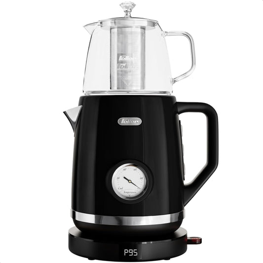 Feller Germany, Retro Style 1.7L 2-in-1 Stainless Steel Tea Maker+Kettle, 2200W, 85/95/100°C Adjustable Touch-Sensitive Temp Setting,LED Display, TS290,2Y Guarantee-UAE Version (Black)