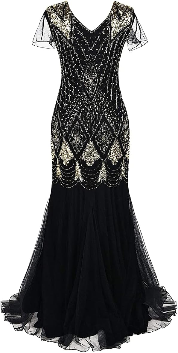 IBTOM CASTLE Flapper Dresses 1920s Gatsby - Womens Vintage V Neck Beaded Sequin Mermaid Hem Formal Evening Party Dresses Cocktail Maxi Gown Prom Halloween Fancy Dress Costume