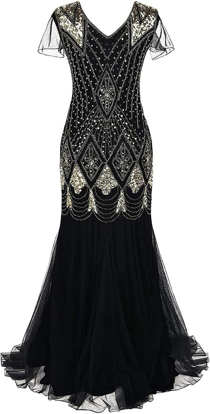 IBTOM CASTLE Flapper Dresses 1920s Gatsby - Womens Vintage V Neck Beaded Sequin Mermaid Hem Formal Evening Party Dresses Cocktail Maxi Gown Prom Halloween Fancy Dress Costume