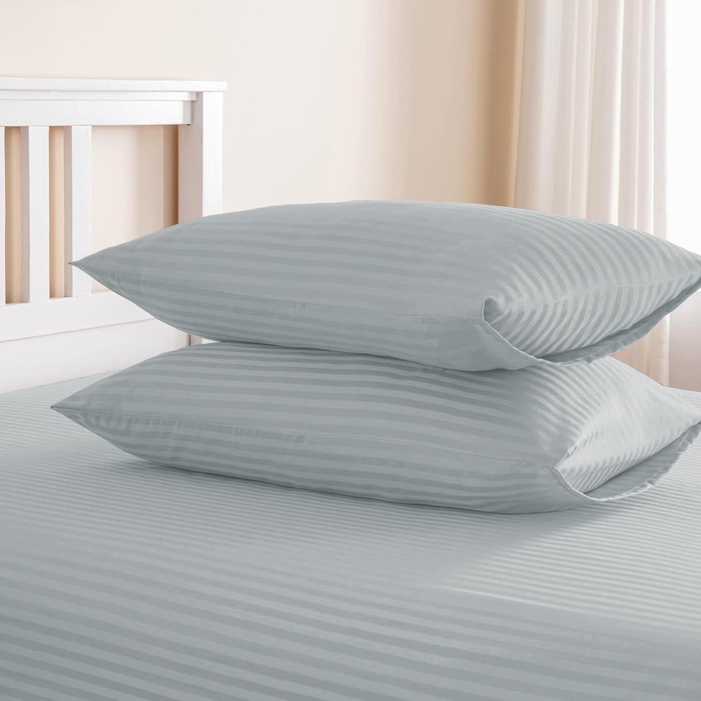 Sleep Well Microfiber Stripe Fitted Sheet with 2 Pillowcase Set - 150x200+17cm (White)