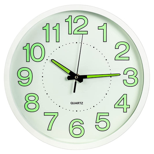 MOYSTAR Silent Non-Ticking Wall Clock - 12 Inches Luminous Clock Easy to Read, Battery Operated Quartz Modern Clock for Living Room Kitchen Bedroom Indoor Decor (White)