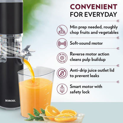 Borosil Easy Juice Cold Press Slow Juicer, Portable Slow Juicer, Compact Design, Less Oxidation, For Fresh Fruits & Vegetables, 130 W