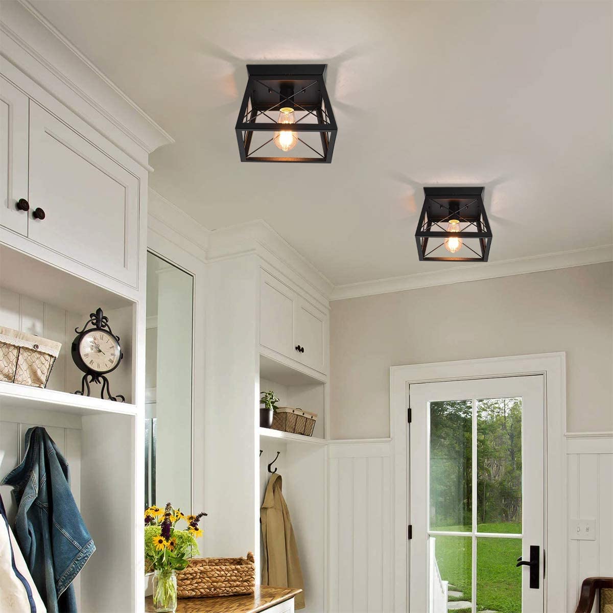 Garwarm Rustic Black Ceiling Lights Semi Flush Mount Farmhouse Ceiling Lamp, Vintage Black Industrial Lighting Ceiling Fixtures with Metal Cage for Kitchen Hallway Dining Room Entryway, E27 Base