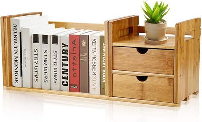 Bookshelf ，U HOOME Bamboo Wood Expandable Desk Organizer - Desktop Tabletop Organic Wooden Storage Shelves Bookcase w/Storage Drawer, for Book, Home Office File, Paper, Supplies, Cookbook