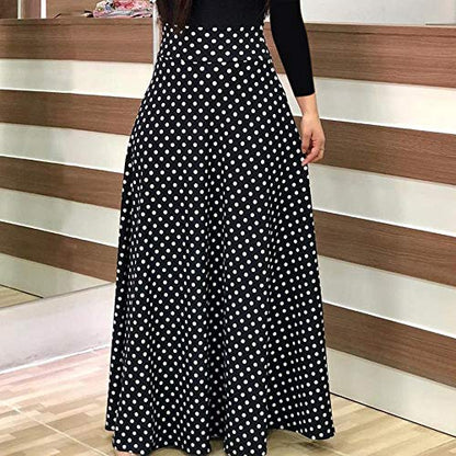 Fankle Women's Dress Bohemian Polka Dots Floral Print Maxi Dress O-Neck Long Sleeve A-Line High Waist Long Beach Dresses Casual Sundress