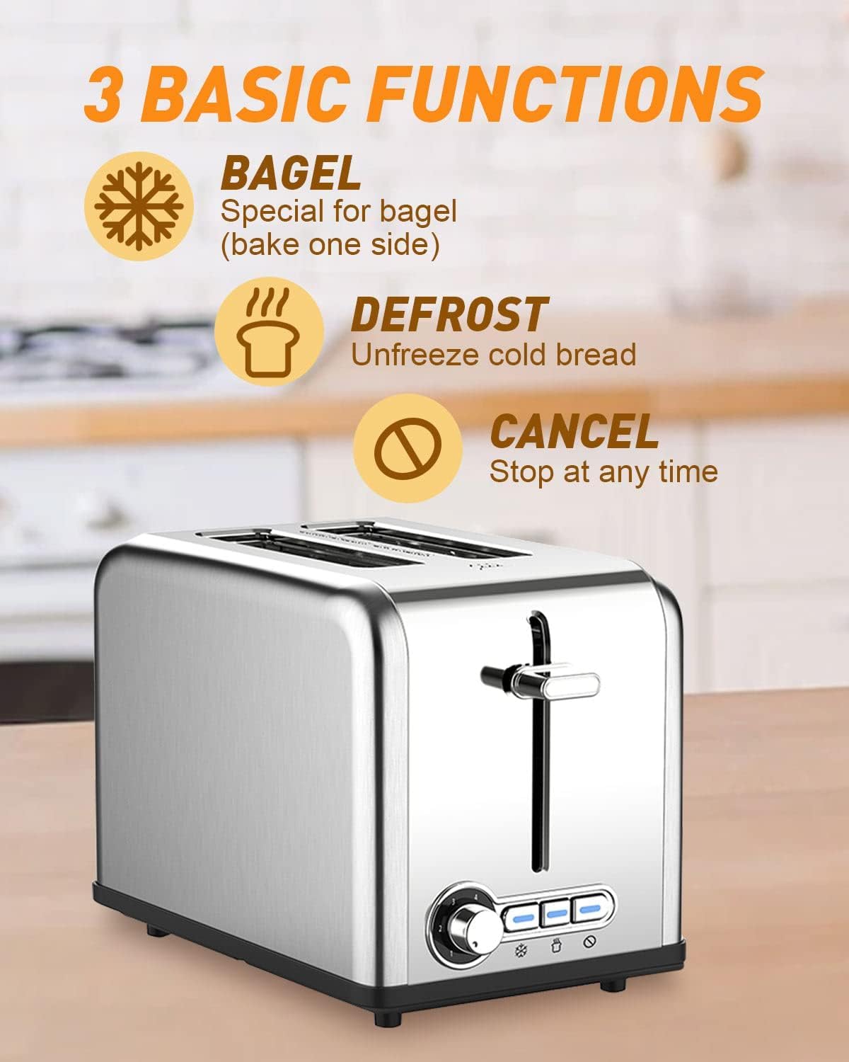 XVersion 2 Slice Toaster Warmer - 800W 6 Setting Electric Stainless Steel Sandwich Breakfast Machine Toast Bread Maker Toasters For Home Office Reheat, Defrost and Cancel, 1 Year Warranty - Silver