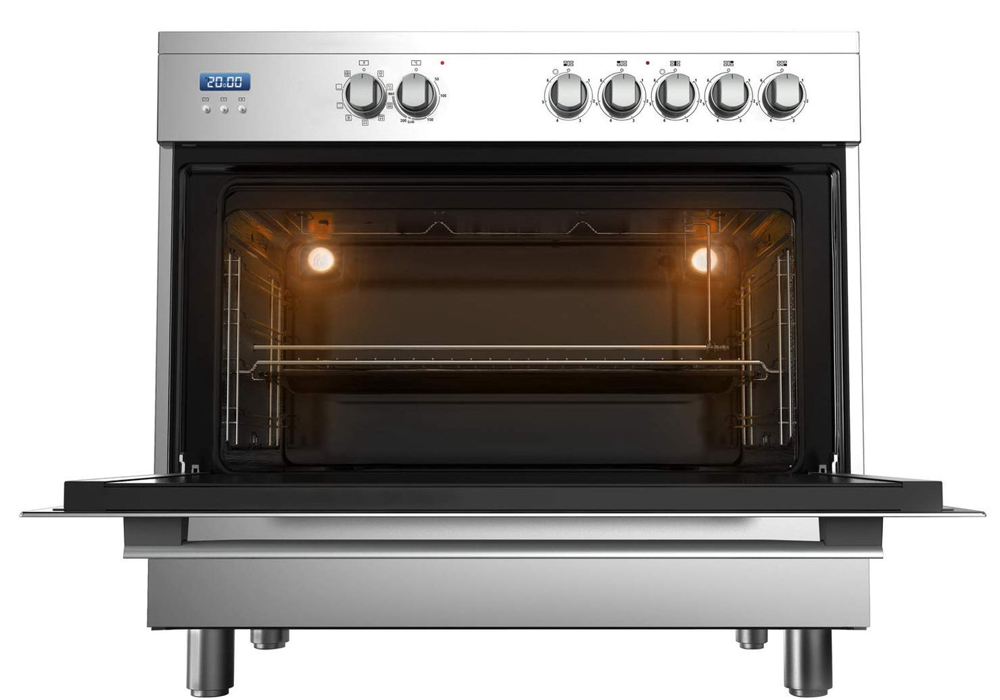 Midea 90x60cm Freestanding Ceramic Cooker with 109L Multifunction Oven, 5 Zones Full Electric Cooking Range with LED Display, Dual Convection Fan, Rotisserie, Digital Timer, Stainless Steel, VSVC96048