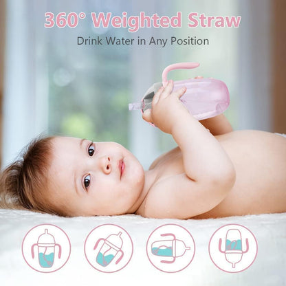 Sippy Cups for 6+ Months Baby, Baby Cup 300ml Weighted Straw& Easy-Grip Handles, Baby Water Bottle with Simple Flip-Top Lid, Trainer Cup for Independent Drinking, 360°Spill-Free Toddler Cup (Pink)