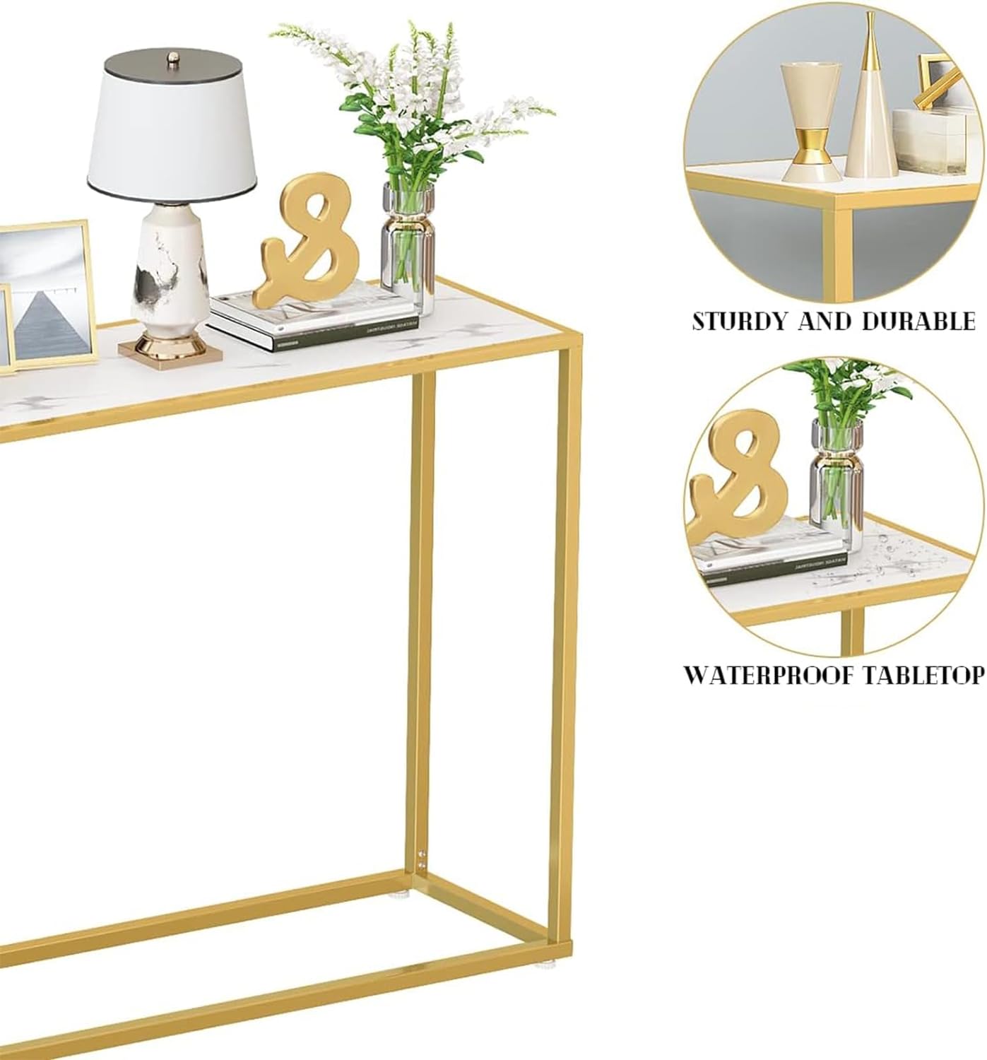 Beauenty Gold Console Table, Glass Sofa Tables, Modern Open Hallway Table, Narrow Entryway Table, Slim Accent Porch Table, Couch Side Table with Golden Metal Frame, Easy Assembly (white)