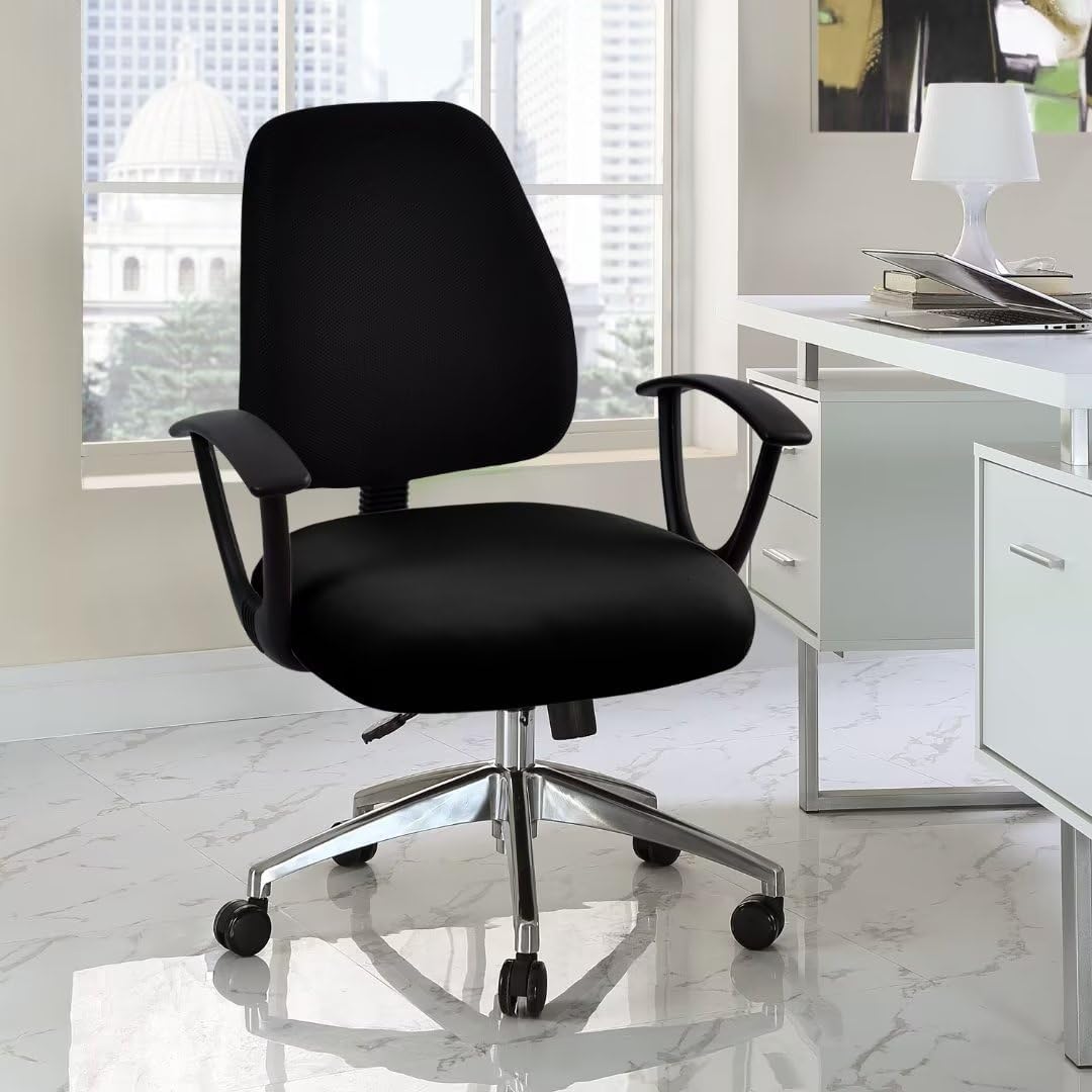 SARAFLORA Polyester Solid Stretch Washable Computer Chair Slipcovers for Universal Rotating for Boss, Office Chair (Large, Black)