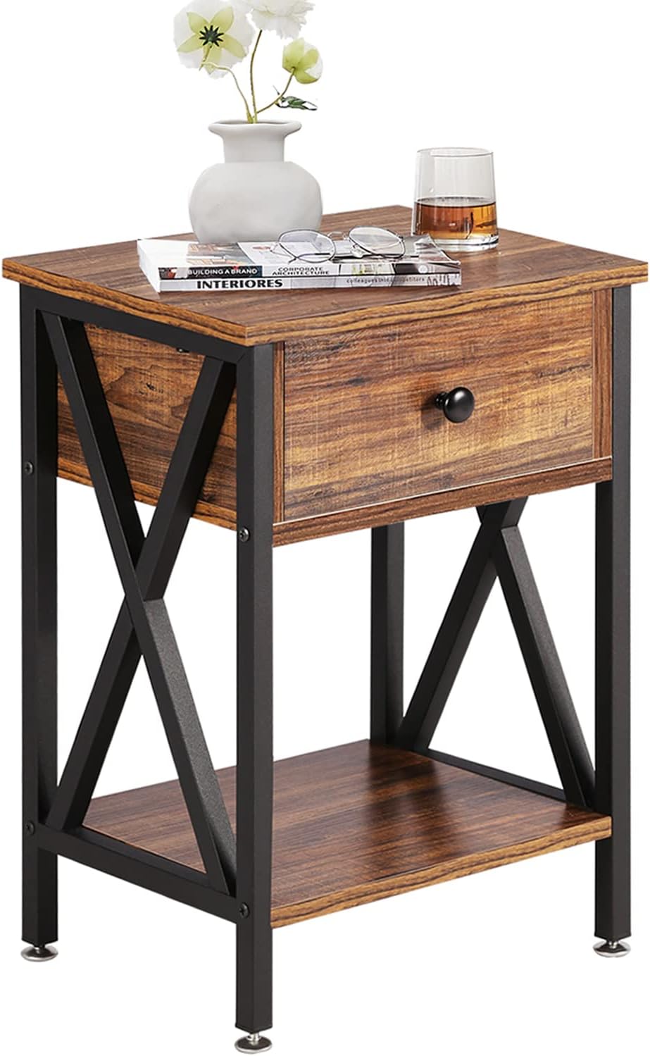 VECELO Modern Versatile Nightstands X-Design Side End Table Night Stands for Bedroom Nightstand Bedside End Tables with Drawer Storage, Rustic Brown Bedroom