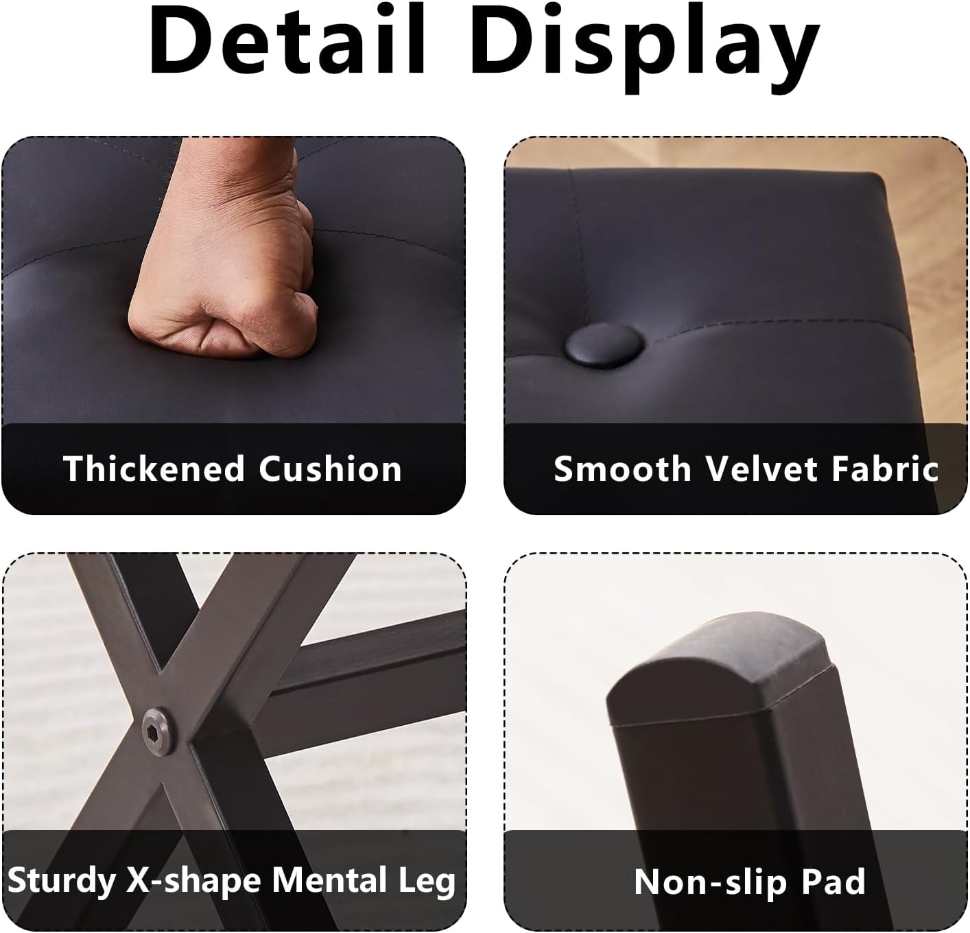 Cpintltr Ottoman Foot Stool Tufted Vanity Stool Ottomans Thickened Cushion Footstool Mulifunctional Shoe Changing Seat Step Stools with Metal X Leg for Living Room Bedroom Faux Leather Black