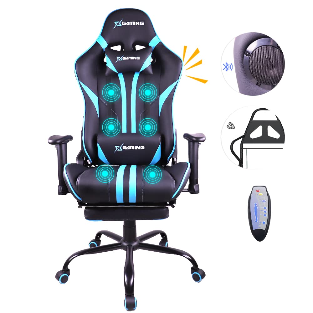 COOLBABY Gaming Chair LED Light Racing Chair,Ergonomic Office Massage Chair,Lumbar Support and Adjustable Back Bench,Bluetooth Speaker…