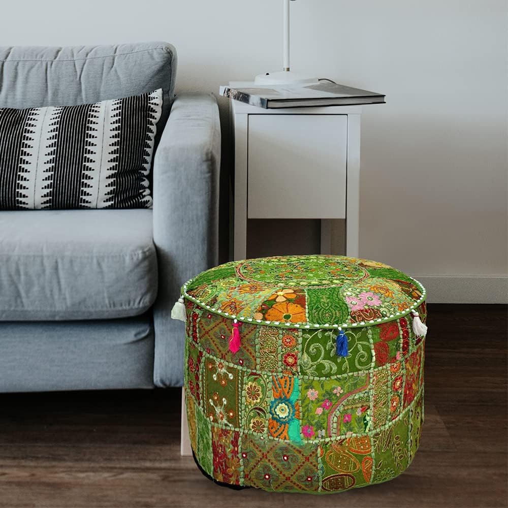 Aakriti Gallery Indian Pouf Footstool Ethnic Embroidered Pouf Cover, Indian Cotton Round Pouffe Ottoman Pouf Cover Pillow Ethnic Decor Art - Cover Only (Yellow, 18x13)