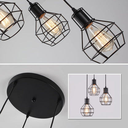 Ganeed Industrial Pendant Light, 3-Light Vintage Chandeliers Hanging Pendant Lighting Fixtures, Adjustable Height Pendant Ceiling Lamp with Metal Cage for Kitchen Living Dining Room Bedroom Hallway