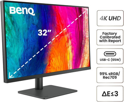 BenQ PD3205U 32 inch 3840 x 2160 4K Designer Monitor, UHD, sRGB, Rec.709,sRGB, HDR10, IPS,USB-C (65W),USB Hub, AQCOLOR, Factory-Calibrated, CAD/CAM Mode,Hotkey Puck G2, KVM, Ergonmic, ICC Sync (Grey)