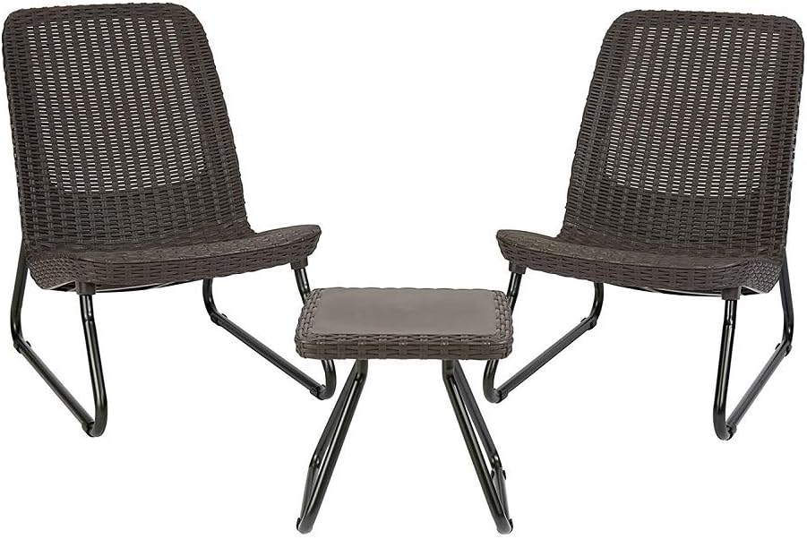 Keter Rio 3 Piece Resin Wicker Patio Furniture Set with Side Table and Outdoor Chairs, Brown