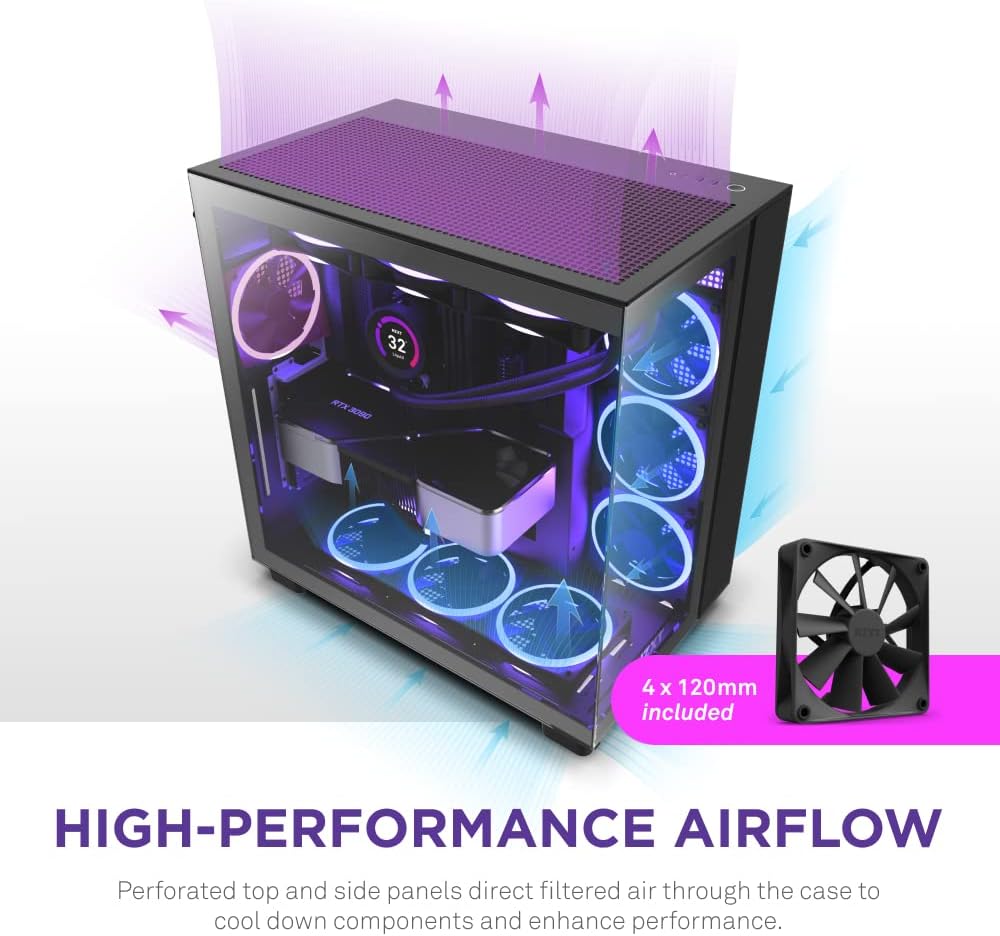 NZXT H9 Flow Dual-Chamber ATX Mid-Tower PC Gaming Case – High-Airflow Perforated Top Panel – Tempered Glass Front & Side Panels – 360mm Radiator Support – Cable Management – Black, CM-H91FB-01