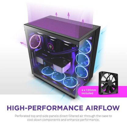 NZXT H9 Flow Dual-Chamber ATX Mid-Tower PC Gaming Case – High-Airflow Perforated Top Panel – Tempered Glass Front & Side Panels – 360mm Radiator Support – Cable Management – Black, CM-H91FB-01