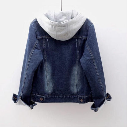 Denim Jacket Women Winter Korean Style Hooded Short Long-Sleeved Woolen Cloth Plus Velvet Thick Lamb Wool Cotton Coat