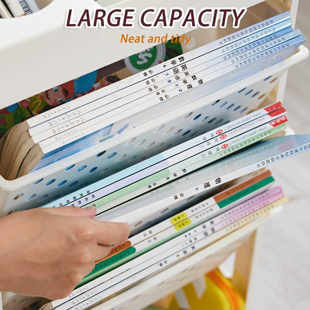 Movable Bookshelf Plastic Bookcase Multipurpose Storage Shelf Rack Organizer 360° Rotation for Home and School Desk Side Books and Magazine Holder Space Saving (White)