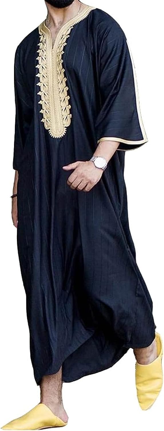 Men Dress Embroidery Long Gown Thobe Robe Short Sleeve Sleepwear Nightshirt