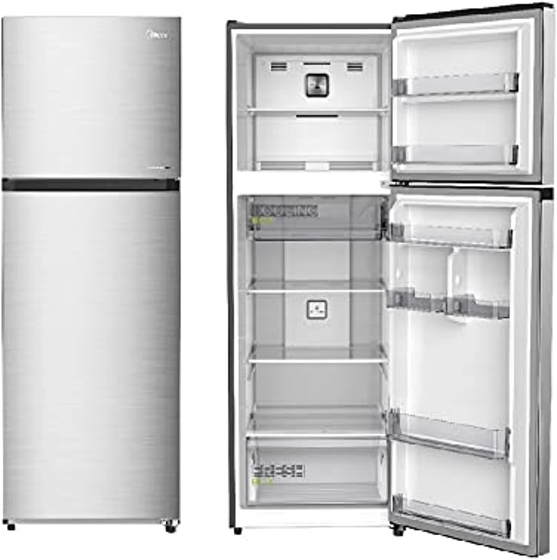 Midea 390L Gross Top Mount Double Door Refrigerator MDRT390MTE28 2 Doors Frost Free Fridge Freezer with Smart Sensor & Humidity Control, Active-C Fresh, Multi-Air Flow, Electronic Control Dark Silver