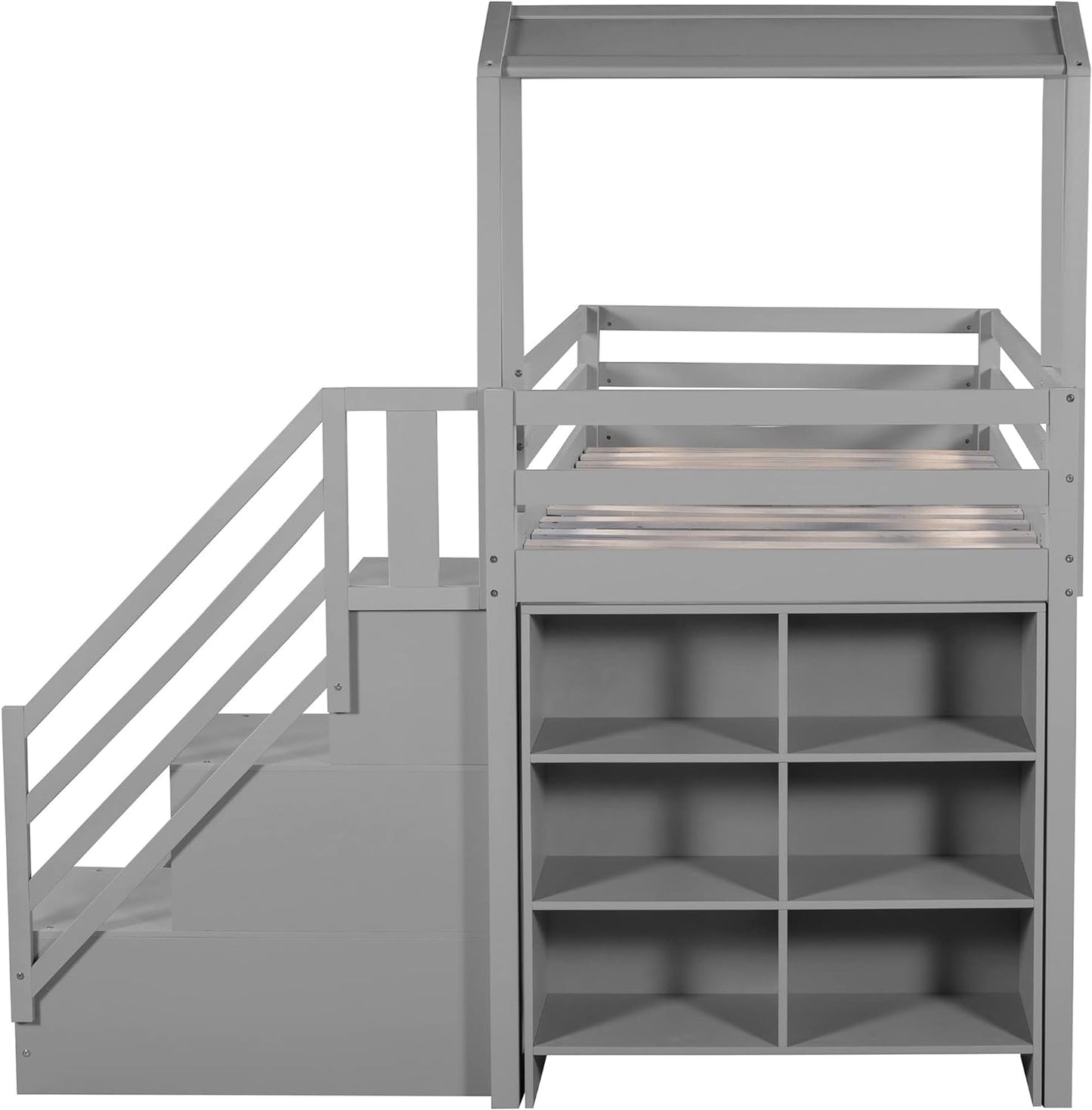 MOEO Twin Over Full House Roof Bunk Bed with Staircase and Shelves, Bedroom Wooden Bunkbed Fram w/Storage, Guard Rails for Kids, Teens, Adults, No Box Spring Required, Gray