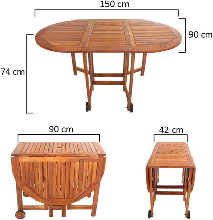 RAINTREE 7 Pcs Foldable Acacia Wood With Movable Tyres Patio Bistro Set - Outdoor Wood Chair And Table Set Dining Table Set For Garden Furniture Balcony Pool Side and Outdoor Area use