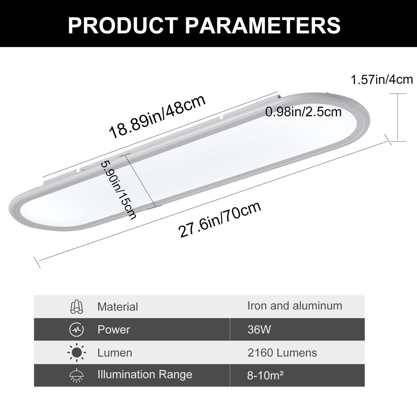 Ganeed 27.6" LED Ceiling Light, Full Spectrum Linear Ceiling Lamps, 6500K Cool White Modern Ultra Thin Low Profile Light Fixture for Office Living Room Bedroom Kitchen Study Room Hallway, White/36W