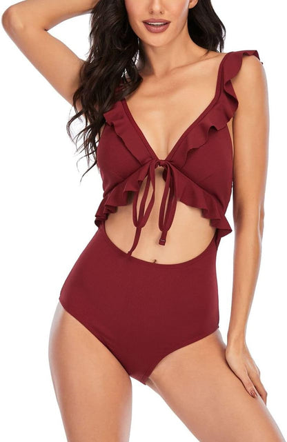 Women's One Piece Swimsuit Slimming V Neck Bathing Suit Sexy Cutout Ruffled Lace Up Swimwear Monokini High Waisted Tummy Control Swimming Suits