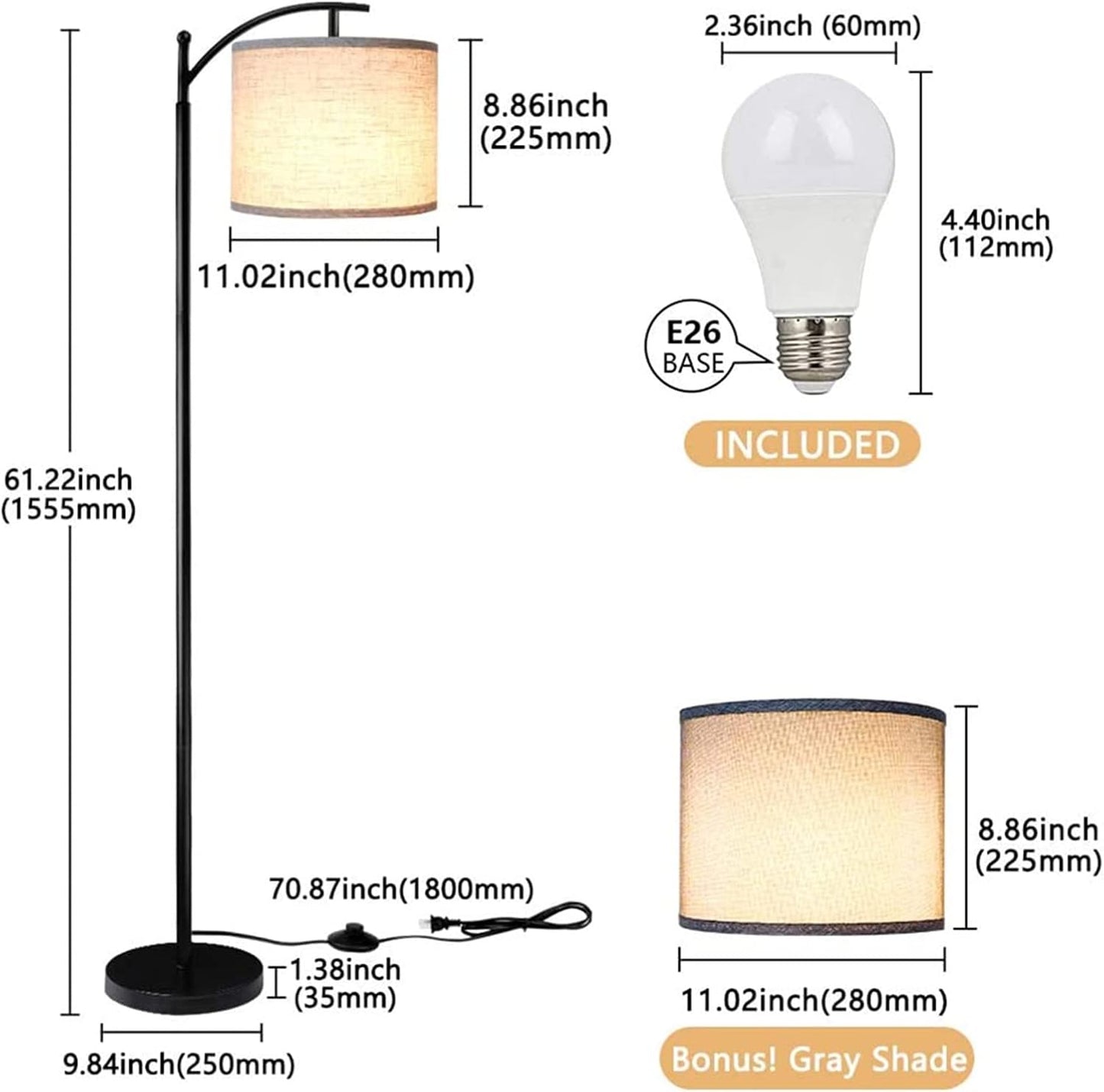 U-HOOME Floor Lamp, Modern Metal Standing Lamp with Shade for Bedroom, 64 Inch Minimalist Reading Light with Foot Control and 9W LED Bulb, Industrial Arc Tall Lamps for Living Room/Office/Study Room