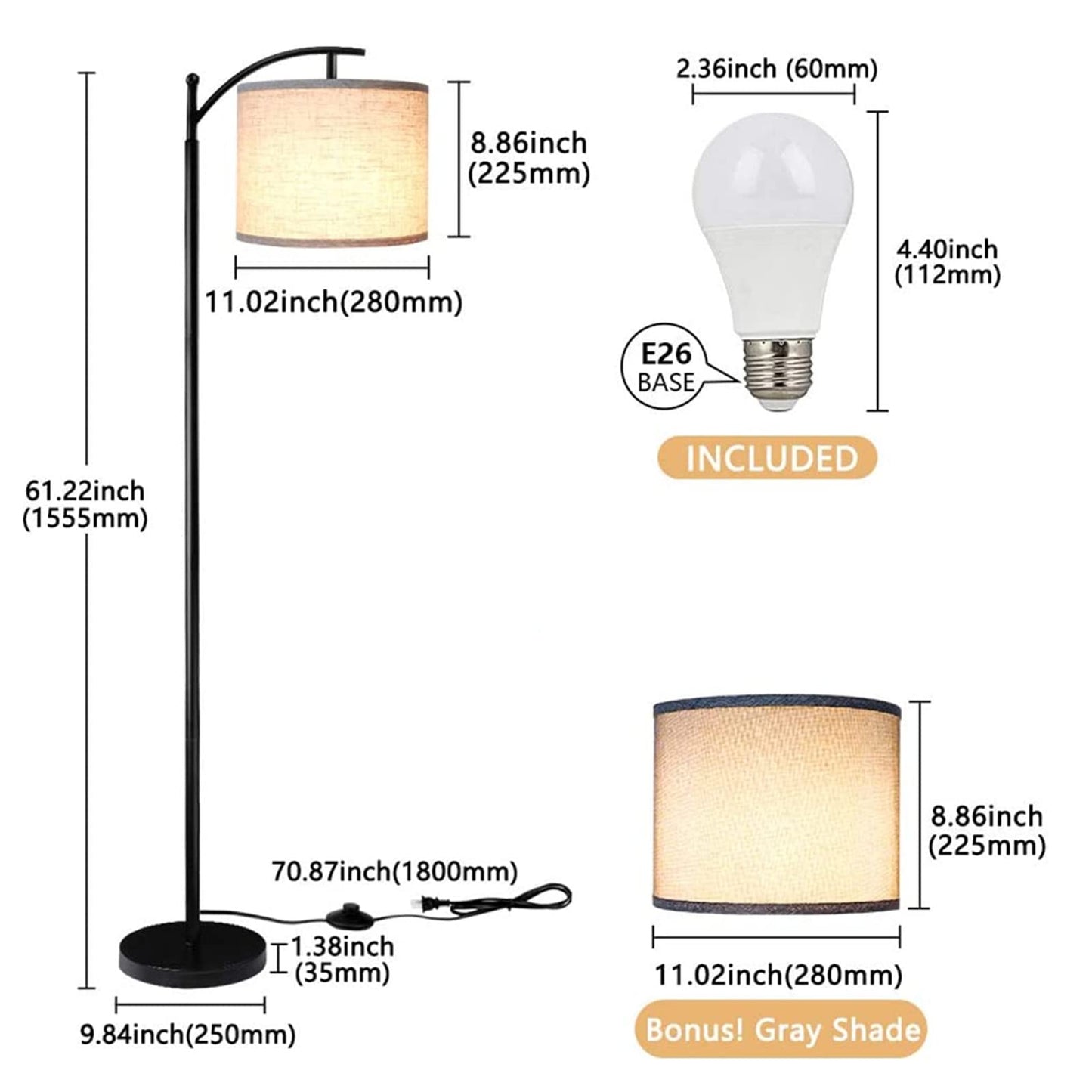 U-HOOME Floor Lamp, Modern Metal Standing Lamp with Shade for Bedroom, 64 Inch Minimalist Reading Light with Foot Control and 9W LED Bulb, Industrial Arc Tall Lamps for Living Room/Office/Study Room