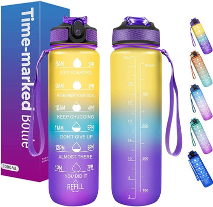 Illys Plastic Water Bottle, 1L / 32oz with Motivational Time Marker (Multi colour)