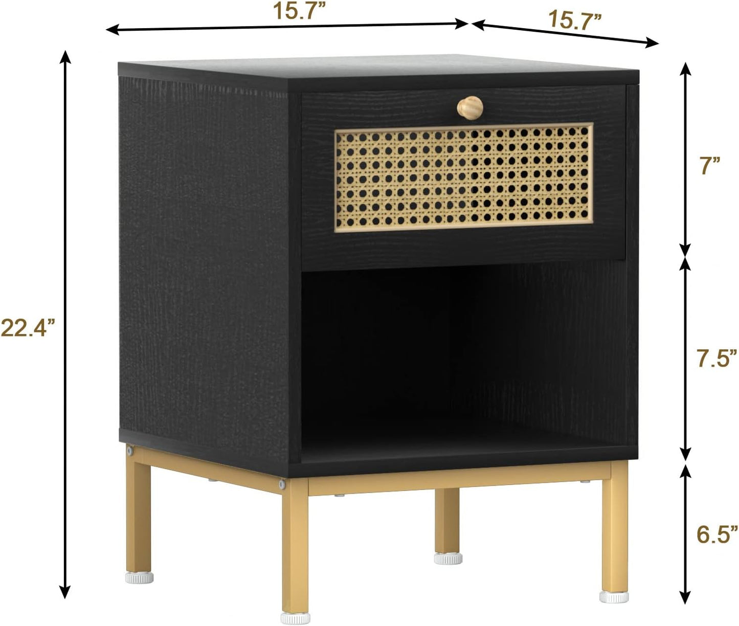 Rattan Nightstand with Drawer - Mid Century Modern Nightstand, Bed Side Table Night Stands for Bedrooms, Boho Nightstand End Table for Living Room, Black