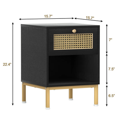 Rattan Nightstand with Drawer - Mid Century Modern Nightstand, Bed Side Table Night Stands for Bedrooms, Boho Nightstand End Table for Living Room, Black