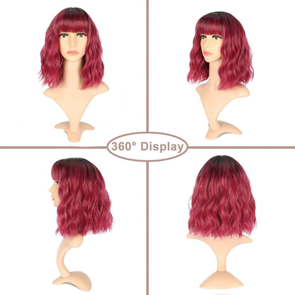 VCKOVCKO Ombre Color Natural Wavy Bob Wig With Air Bangs Short Bob Wigs Women's Shoulder Length Wigs Black to Pink Purple Curly Wavy Synthetic Cosplay for Girl Colorful Wigs(12",Black to WineRed)