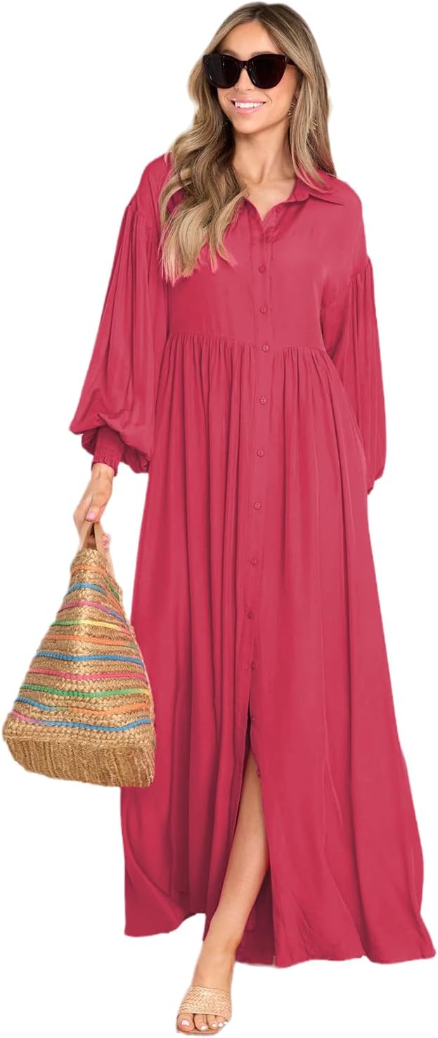 Women's Maxi Shirt Dress Button Down Long Sleeve Casual Flowy A-line Long Dress