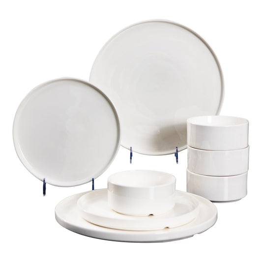 Techplus 16-Piece White Ceramic Dinnerware Set – 10.5-Inch & 8-Inch Plates, 6-Inch & 4.5-Inch Bowls – Microwave, Dishwasher, Oven Safe – Modern Minimalist Design for Dining, Serving, and Entertaining