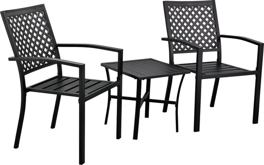 ZOTORUN 3 Piece Iron Bistro Set Patio Outdoor Furniture 2 Large Comfortable Porch Chairs and Metal Coffee Table, Black (Black)