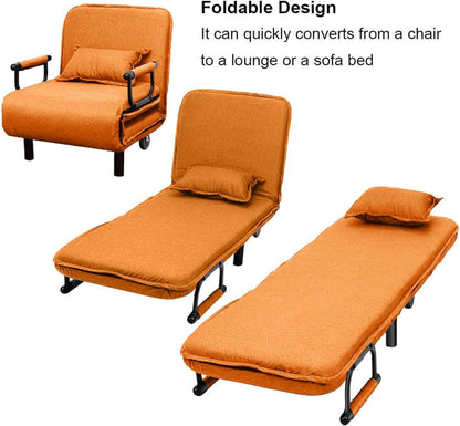 Convertible Chair Bed, Tri-Fold Sofa Bed with Adjustable Backrest & Pillow, Leisure Chaise Lounge Couch with Sturdy Steel Frame for Home & Office, Comfortable Sleeper Chair (65 * 190cm) (Orange)