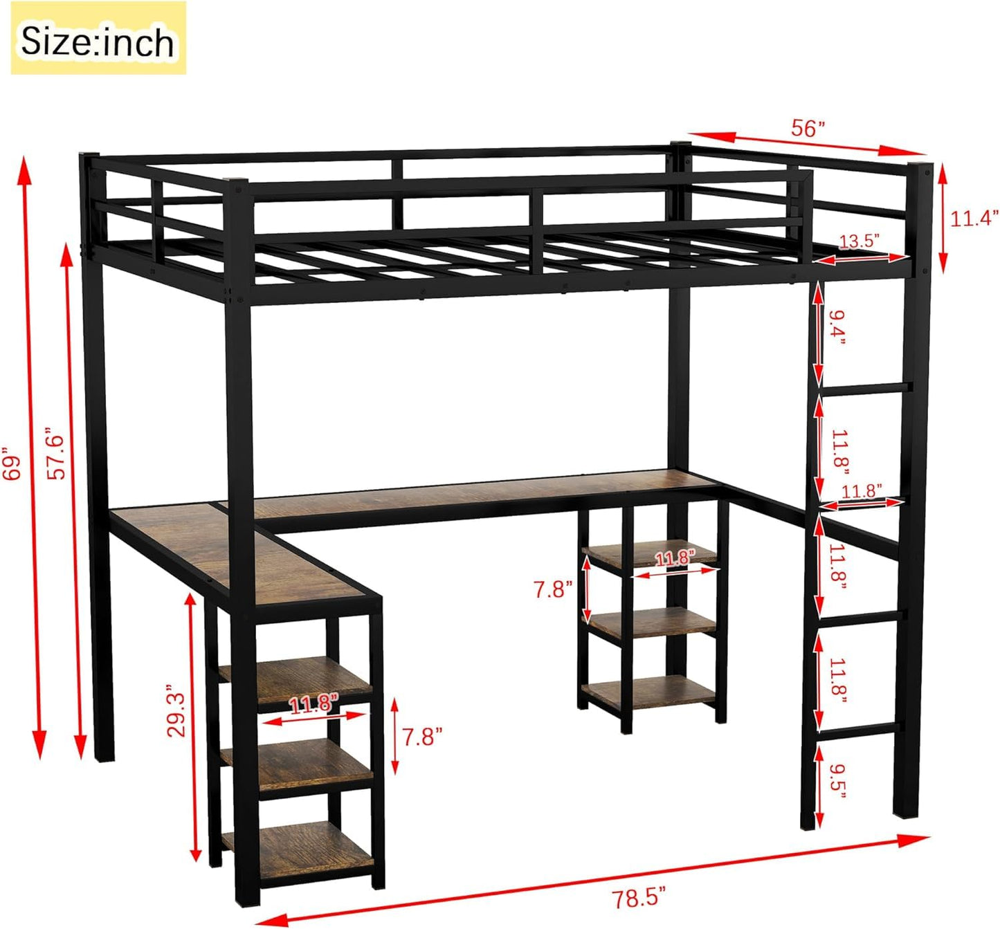 ROYAL POLAR Full Size Loft Bed with Desk and Storage Shelves Heavy Duty Metal Dunk Bed with Full-Length Guardrail Ladder Suitable for Teenagers Capacity 180KG